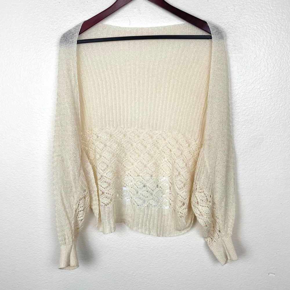 Womens Cardigan Sz M Crochet Open Knit Cottage Boho Slouchy Lightweight Cream
